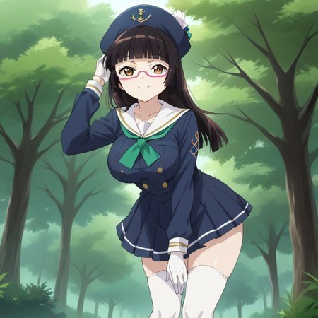 (score_9:0.9),score_8_up,score_7_up,rating_safe,anime style,(zPDXL),masterpiece, anime coloring) rating_safe, anime style, anime_screencap, source_anime,
BREAK source_anime, anime, best quality, masterpiece, rating_safe, uncensored, High quality, 8k, Ultra, 
BREAK (Forest, tree,sunny weather,sky,daytime),
BREAK  1girl, Ch1ak1Kur1hara, long hair, blunt bangs, hime cut, black hair, brown eyes, glasses, semi-rimless eyewear, under-rim eyewear, pink-framed eyewear,thick thighs,big ass,
Jed-Salr, Navy Blue Mini Dress, White Trim,  White Sailor Collar,  Nautical Stripes,  White Thigh-High Stockings, Red Heels, Sailor Hat,  White Gloves, Sailor Cuffs, White Petticoat,
BREAK  ((cowboy shot)),(leaning forward),(hand in own hair),(hand between legs),(from below),
(large breasts:1.2),looking at viewer, smile,