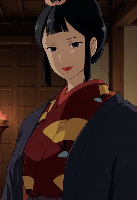 1girl,solo,eboshi,mature female,black hair,black eyes,lipstick,anime coloring,
kimono,upper body,looking at viewer,smile,indoors
,masterpiece,best quality,amazing quality,<lora:Eboshi_Gozen-Mononoke_Hime_ix:0.8>