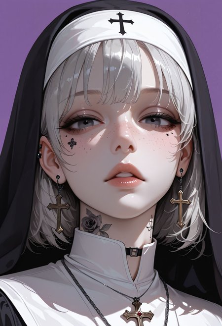 masterpiece, best quality,  very aesthetic, absurdres, newest, depth of field,realistic, goth girl  <lora:gothic_niji_style_ilxl_goofy:0.8>
1girl, purple background, jewelry, neck tattoo, cross earrings, traditional nun, nose, portrait, cross necklace, habit, ear piercing, parted lips, simple background, mole under eye, flower tattoo, freckles, latin cross, looking at viewer, short hair, pale skin