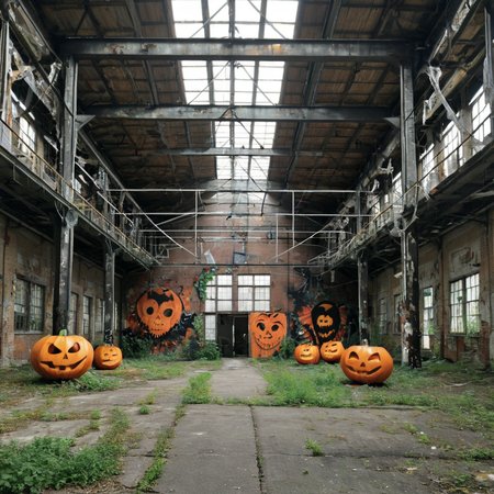 old abandoned factory decorated for halloween <lora:Halloween_XL:1>