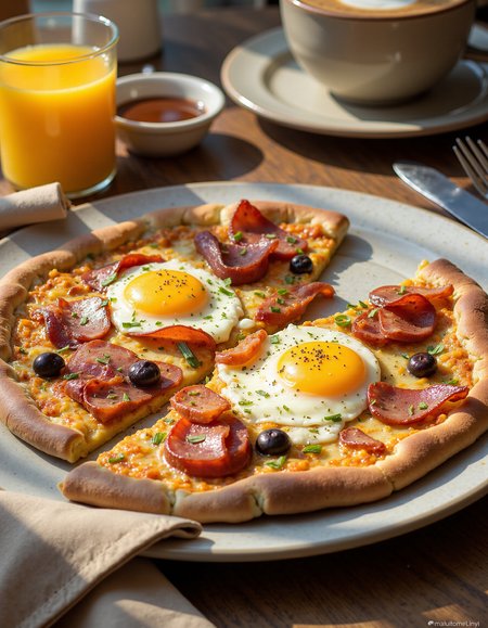 A high-resolution food photograph showcasing a delicious breakfast pizza served on a large white plate. The pizza has a golden, crispy crust with a slightly charred edge, topped with melted cheese, sunny-side-up eggs with runny yolks, crispy bacon strips, slices of smoked sausage, and roasted, sliced smoked tomatoes. A creamy, slightly tangy hollandaise-style sauce is drizzled over the pizza, adding a luxurious texture. Freshly cracked black pepper and finely chopped chives are sprinkled on top for a vibrant finish.
The pizza is placed on a wooden table with natural lighting, accompanied by a fork and knife beside the plate. A folded beige linen napkin adds a touch of elegance. In the slightly blurred background, a glass of fresh orange juice and a steaming cup of coffee sit next to a small dish of extra sauce, enhancing the breakfast atmosphere.
 <lora:FluxDFaeTasticDetails:1>   <lora:AntiBlur:1>