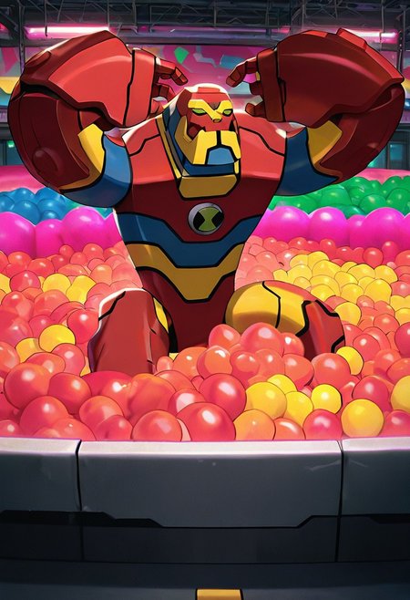 masterpiece, best quality, amazing quality, very aesthetic, absurdres, newest,, detailed background, 
 movie scene, cinematic scene, cinematic, 
bloxx, robot, mecha, solo, armor, green eyes,, massive arms, upper body, , big head, massive head, short legs, 
ball pit, colorful arcade, dynamic pose, jumping