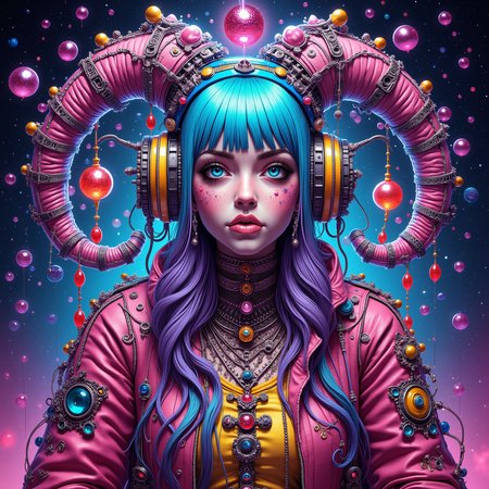 Surrealist illustration depicting a cyberpunk girl embodying vibrant colors and intricate details. The atmosphere is captivating and dreamlike, infused with an otherworldly essence. The background is elaborate and mysterious, transporting viewers into a magical realm. Symbolic imagery adds a thoughtful, provocative edge to the artwork.
