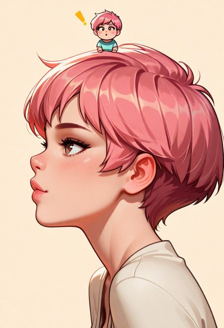 chibi, high contrast, masterpiece, best quality, amazing quality, very aesthetic, retro artstyle, realistic, promotional art, newest, volumetric lighting.
(artist:incase:0.5), (artist:tsuaii:0.5), color theory,
1girl, face,solo, straight-on, focus on face, side view, profile, tilt head up, look up, Pixie cut, pink hair, luminescent background, simple background.