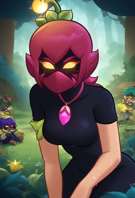 (score_9, score_8_up, score_7_up), 1girl, young adult,(Lily, brawl stars ) medium breasts, slim fit, small waist, sexy, perfect eyes,
bslily green skin ,  yellow eyes,  shaded face,   no mouth, pink hair , shaded face, ,pink mouth mask, plant gir  ,
,sleveless  , black bodysuit  ,  asymmetrical sleeves,  purple sleeve  ,
Magic florest, dark Forest, mushroons, Magic mushroons,
Wet skin, glossy, pretty girl, focus on girl, aesthetic,