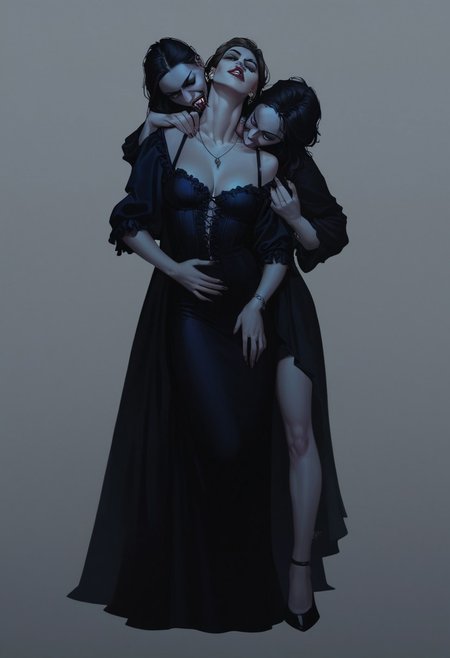 score_9, score_8_up, score_7_up, 2girls, 20 years old, gorgeous sexy vampire woman, wearing a short clubbing dress at night time, (biting a woman s neck:1.5), vmprbt, erotic, (sucking her neck:1.0), minimal city light, full body shot, in the middle of the city at midnight, sexy fantasy