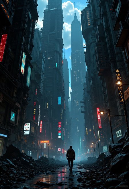 An cyberpunk adventurer walking in a gigantic endless dark somber cyber city, in the style of blame tsutomu nihei, small mysterious mechanical creatures lurking in corners, endless perspective of buildings, fractal city, dark sky, lights screens glooming, path ending nowhere