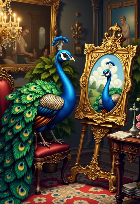 <lora:KFT_Curse_of_Dragons_Crown_Style_FLUX:1>
The image is a vibrant, digitally created kftfantasy illustration featuring   A peacock painting a self-portrait in an ornate studio.