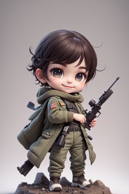 (masterpiece),(best quality),(ultra-detailed), (full body:1.2), 1boy,chibi, smile,(beautiful detailed face), (beautiful detailed eyes), (Simple and clean style_1.5), tactical vest, long overcoat, ballistic gear, black gear, (brown sweater),
sniper rifle, camouflage pants,  checkered sash,  knife, 
 <lora:blindbox_V1Mix:1> ,