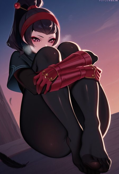 tofuubear, outdoors, undershirt, falling feathers, black bodysuit, hair stick, hugging own legs, , gauntlets,   eyeshadow,   red gloves,  high ponytail,  , black capelet, red hairband, pink eyes, 1girl, solo, feet, visible breath,   dynamic angle, foreshortening, smell, steam,