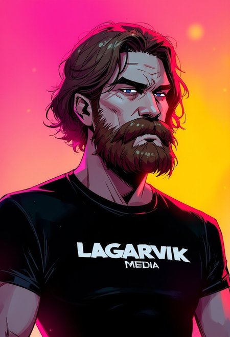 The image is an illustration featuring a rockstar dude with a pale skin tone and a big long beard. He has a medium-length, wavy brown hairstyle that is slightly unkempt, styled with a mix of natural and relaxed curls. He is wearing a black t-shirt that accentuates his don't-care attitude with the text "LAGARVIK MEDIA" in white. the lighting is dramatic and striking as he is backlit by pink, and a sharp yellow highlights him.