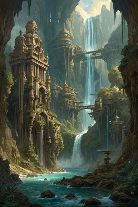 biomechanical style, Baroque, landscape,creator landscape,tsunami-scale waterfalls cascading from floating continent cliffs, each grain containing stellar nursery echoes, atmospheres thick with diamond dust precipitation,
<lora:clear:0.15> 
<lora:greg_rutkowski_xl_2:0.3> greg rutkowski,
<lora:extremely_detailed:0.7> extremely detailed ,
<lora:add-detail-xl:0.7>,, dramatic, exuberant, grandeur, baroque art, oil painting art style from Renaissance period, masterful composition, Renaissance mood, renaissance oil painting, brush strokes, Biomechanical art style, Biology, Machinery, Intricate, Surreal, Organic Forms, Mechanical Structures, Futuristic, Cyberpunk, Fusion, Nature, Technology, blend of organic and mechanical elements, futuristic, cybernetic, detailed, intricate