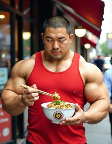 <lora:jiraiyaMAN:1> A muscular Asian man, middle-aged, is centrally positioned in the image.  He has a short, dark haircut and a slightly tanned complexion.  His expression is focused, intently looking at a bowl of food. His body is broad and very strong, with well-developed biceps and shoulders. He's wearing a red tank top. He's holding a bowl of mixed food with chopsticks, poised to eat.  The food appears to be a stir-fry of various vegetables and grains. The bowl has a distinctive logo, suggesting a restaurant.  The background is an urban street scene with a storefront, part of a building, and other pedestrians.  The storefront signage is visible.  The lighting is bright, naturalistic daylight, and the overall style is a candid, slightly staged portrait.  The perspective is from slightly above the man looking down at the food.  Colors are bold with warm tones of red and brown of the manâs outfit contrasted with muted tones of the background. The composition is balanced with the man taking center stage in a realistic, yet slightly dramatic setting.