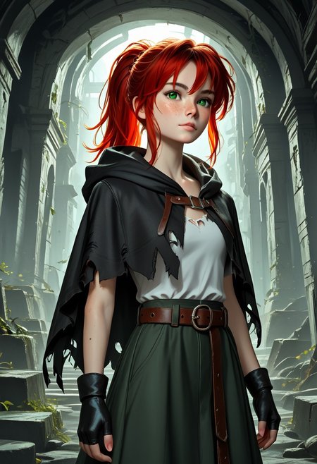 1girl, Masterpiece, 8k, ultra high detail, score_7 up, 
volumetric lighting, vivid colors, vibrant colors,  score_8_up, score_9,  small breast size, sporty red ponytail hair,  fcNeg, stunning green eyes, freckles, white skin, small nose, innocent beauty, slim face,  cute face, skinny body, perfect body, extreme detailed body, intence green eyes,  perfect face, ultra high detailed face, perfect eyes, petite, 
Face fokus, fokus on face, 
Leather wasteland warrior clothes, dark tattered cloak violently thrashing, dark long torn cloak with hood down, dark hood down, 
w4stel4nd3r, fingerless gloves, belt, torn clothes, 2 different leather long skirts,  
d3t41l3d, zPDXL3, 
Inside old ruins,