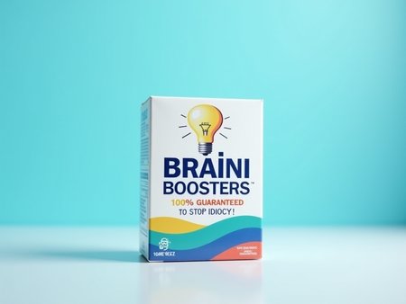 The advertisement features Smarty-Pants Pills as the central focus, prominently placed in the foreground against a softly blurred, single-color backgroundâperhaps a calming light blue that enhances the visual appeal.  The packaging resembles an upscale medication box, with a clean white base accented by vibrant colors. The front boldly displays the brand name, âBraini-Boostersâ in large, modern font, accompanied by the tagline, â100% Guaranteed to Stop Idiocy!â Above the text, a whimsical graphic of a light bulb symbolizes enlightenment.  With the box set against the soft, blurred background, the advertisement effectively draws attention to the clever design and humorous messaging, creating an engaging and memorable visual that captures the essence of the product., best quality, 4k, 8k, high resolution, cinematic, vibrant, intricate, Hyperrealistic, high detail
