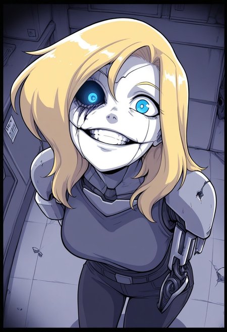 Ellie Buckingham, ((Bright Blond hair)), Blond Hair, Blond Bright blue eyes. Western Style Artwork. Bold Lines, 
high detail, high res, detailed eyes
masterpiece, good quality, best quality, robot girl, missing eye, crazy, creepy, horror, grin, 1girl, broken, R3troCRTGr33n, monochrome,security footage, dark themed,  framed, from above, from angle, hanging jaw, headtilt, damaged robot, missing arm
