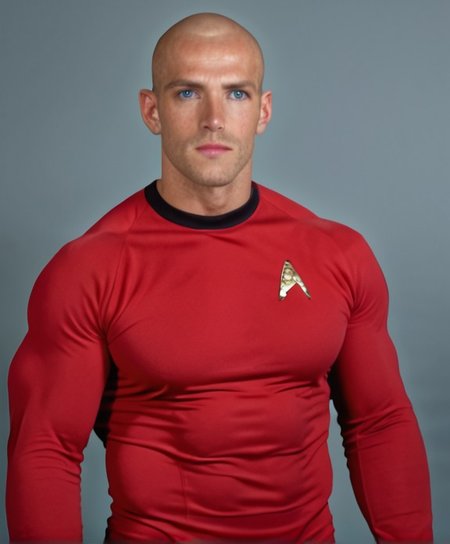 1boy, 20 year old male, Handsome, masculine, blonde, star trek, red shirt, muscle,  tall, tight shirt, wide pectorals, big shoulders, wide shoulders, muscular neck, German, bald, big pale blue eyes, abs, biceps, soldier facial expression, phaser, hand,

stunf, star trek uniform,