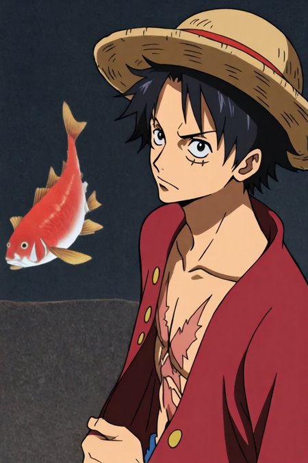 <lora:LUFFY_pony_XL:0.6>, Luffy, red jacket, scar on chest, straw hat, black hair, 1boy, solo, alone,  fish, <lora:samurai_champloo_opening_style_illustriousXL-000027:0.6>, samurai_champloo_op_style, masterpiece, highres
