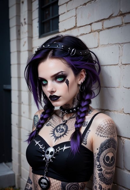 score_9, score_8_up, score_7_up, BREAK
Aesthetic: ((goth, dark, macabre, subculture, fashion, music):1.4) BREAK,
lighting: Chiaroscuro Lighting Style, detailed, clean, urban scenery, ink BREAK
Quality: intricate, highly detailed, sharp focus, realistic, 8k BREAK
Appearance: (22 years old), white girl, greek girl, green eyes, detailed eyes, perfect eyes, twin braids, violet hair, BREAK
(good quality:0.996), BREAK