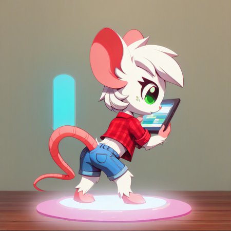 Super Animal Royale, glitch style, flickering, digital, detailxl, score_9, score_8_up, score_7_up, score_6_up, score_5_up,side view, detailed eyes, detailed face, detailed hands, top down full body view,  NightScapes, Reggie,1boy,solo,furry male,mouse,green eyes,short hair, white hair,body fur,white fur, cozy atmosphere, creative light overlay, 4k, masterpiece, (masterpiece), best quality, (4K), (cinematic lighting), highly detailed, 8K, UHD, ultra detailed, immersive picture, vivid colors, volumetric light, cinematic light, extremely detailed CG, mouse is wearing hotpants and a flower in her hair while holding a tablet while hacking into the matrix