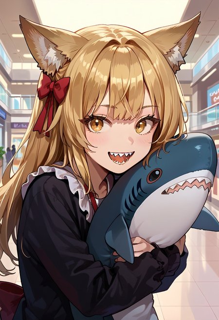 score_9, score_8_up, score_7_up, source_anime, fox girl, cute face, blonde long hair, tail, red bow in hair, solo, portrait, mall, crowd, open mouth, looking at viewer, open mouth, sharp teeth, presenting shark, hugging, shark, stuffed shark, detailed background