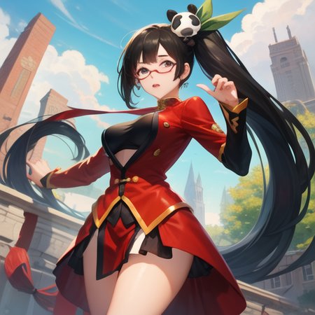 (masterpiece, best quality, high resolution),cowboy shot, 1girl, litchims,  glasses, chinese clothes, clothing cutout, ponytail, dress, panda, hair ornament , <lora:litchi-000005:1>