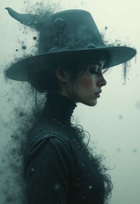 masterpiece, professional artwork, intricate details,  inspired by Jeremy Mann and Tom Bagshaw, glitch,  double exposure, fantasy theme, hologram, witch