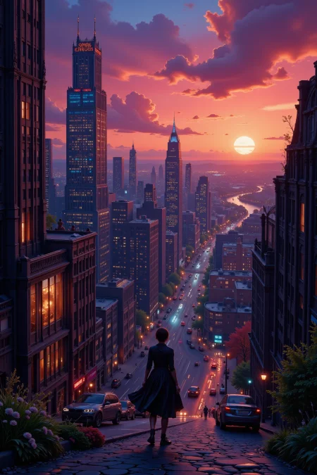 cyberpunk city beautiful  landscape, dusk, woman, very intricate, very detailed, sharp, bright, colorful, <lora:Hand v2:0.5> <lora:Anti-Blur:1><lora:Insane Detail Slider:0.25>  <lora:flux.1_lora_flyway_Epic-detail_v2:0.3> <lora:fluxenhancer:0.25> <lora:AnimeArt01d_CE_FLUX_AIT:1> anmeartCE_style