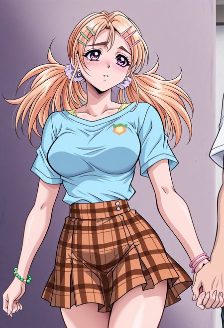 masterpiece, best quality, newest, highres, uncensored, 1girl, yokota mamoru style,1girl,
Yamazaki Kanna，Blonde Hair, Long Hair, Parted to Side, Shoulder-length Hair, Twin Tails, Tareme eyes,pink eyes, Slim
1girl, skirt, blush, twintails, hairclip, holding hands,  hair ornament, jewelry, solo focus, plaid, plaid skirt, bracelet, long hair, 1boy, earrings