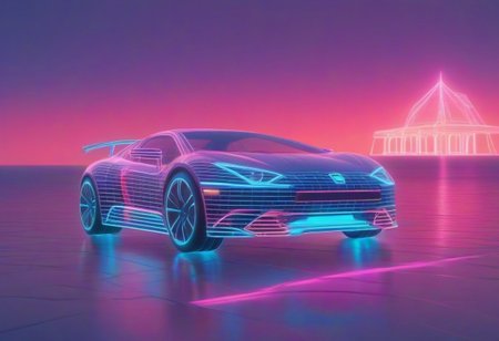 mad-vprwv  man in front of  a sportscar at the beach, sun at the neon  horizon, 1980, neon, grid, vaporwave <lora:Neon_Cyberpunk_Vaporwave_SDXL:0.8>, (masterpiece:1.2), best quality