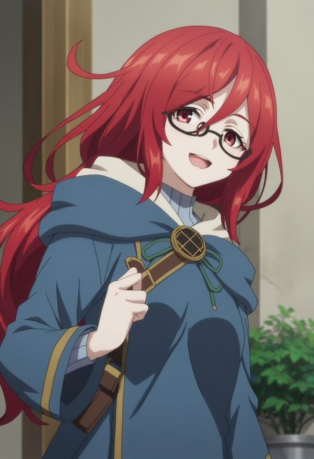 score_9, score_8_up, score_7_up, source_anime,
BREAK
1girl, solo, anime screencap, anime coloring, 
<lora:shiSophiaV1:0.9>, 
shitaliablack, long hair, red eyes, hair between eyes, red hair,
pale skin, semi-rimless eyewear, glasses
blue robe, blue cloak, blue hood, long sleeves, 
looking at viewer, smile, open mouth,