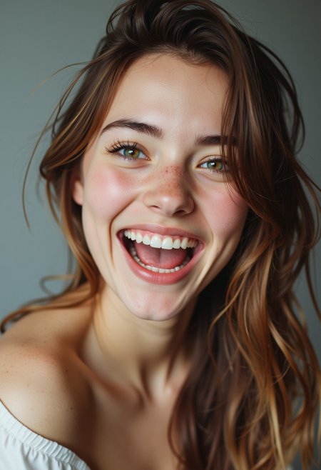 A stunning teenage Swiss girl with flawless model-like facial features, flawless light pale skin, youthful innocent charm, minimal makeup, and large captivating eyes. She is ecstatic and has a huge maniacal smile.  Her eyes are unnaturally large and colorful.