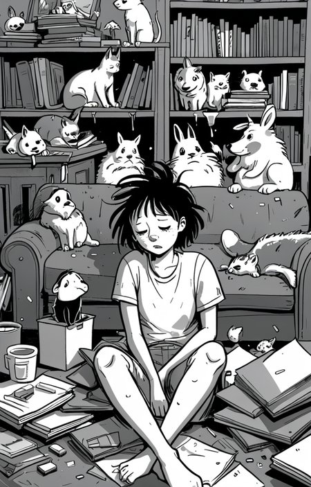 masterpiece,best quality,<lora:tbh373-sdxl:0.6>,illustration,style of exhausted people ,greyscale and white,comic animals