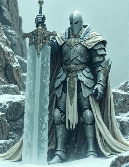 Large, imposing figure clad in weathered, silver-grey plate armor.  Full body, standing posture, holding a large, translucent, ice-like sword. Armor shows intricate details, slight signs of wear and damage.  The figure's face is obscured by the helmet, creating a sense of mystery.  A flowing, white cape drapes from the shoulders, billowing around the figure.  The rocky terrain, a mix of light and dark grays and off-whites, serves as a backdrop. The rocks and ground are covered in a layer of fine snow giving a cold, desolate atmosphere.  Pale, diffused lighting suggests an overcast day.  The focus is on a grand scale, emphasizing the armor's imposing form and the sword.  High contrast between the stark white of the ice-sword and surrounding elements creates a dramatic scene, HKMagic, <lora:FantasyWizardWitchesFluxV2-000001:0.7>, <lora:Dever_Flux_Enhancer:0.4>, <lora:flux.1_lora_flyway_Epic-detail_v2:0.4>, <lora:Elden_Ring_-_Yoshitaka_Amano:0.4>