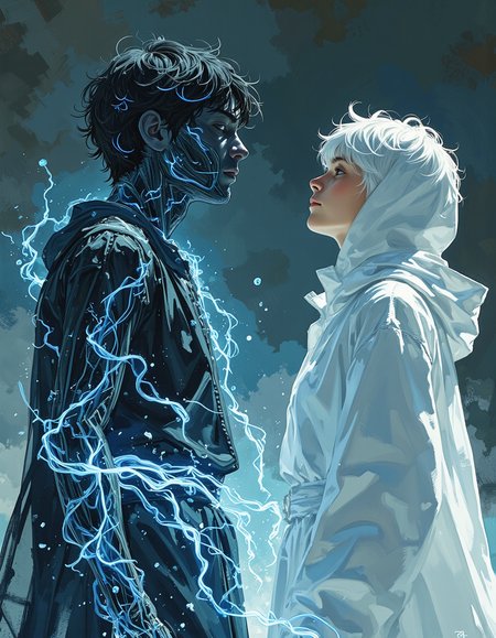 A dark blue figure made of black and white light waves with glowing tendrils, wearing an all-white robe, standing next to another humanoid in the same pose, facing each other and looking up at the heavens. The scene is ethereal and photorealistic, with a cinematic quality.