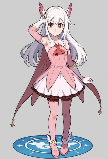 score_9, score_8_up, score_7_up, full body, source_anime, 1girl, armpit, arm up ,flat breasts, flat chest, short girl ,  aarosa, long hair , white hair, red eyes , neutral face, easynegative, looking at viewer, standing,  <lora:prisma-illya-cosplay-ponyxl-lora-nochekaiser:1>, prismaillyacosplay, prisma illya \(cosplay\), dress, elbow gloves, feather hair ornament, feathers, frilled dress, frills, gloves, hair ornament, layered gloves, magical girl, orange ascot, pink dress, pink feathers, pink gloves, pink sleeves, white gloves,