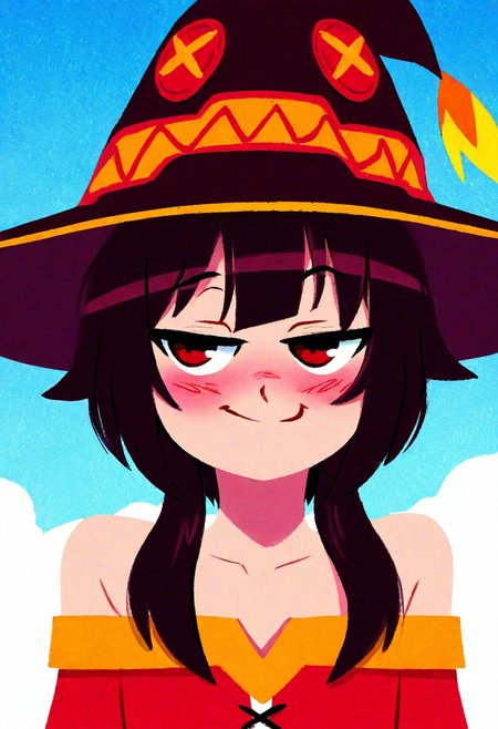 justinecunha, masterpiece, pastel,  best quality,  solo,   megumin, detailed face, detailed eyes,  hat, smug, blush, fantasy background, 