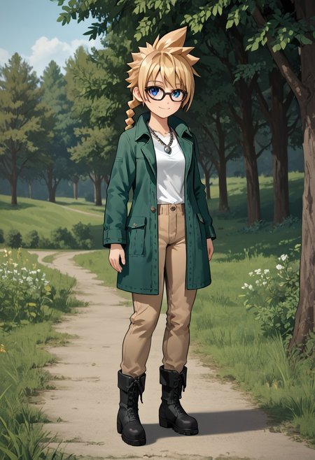 score_4,score_5,score_6,score_7_up,score_8_up,score_9
((masterpiece,best quality,ultra detailed,highres,HD,4k:1.2)),
chibi,fullbody,deformed, deformed characters,
1girl, solo, girl forcus,solo forcus,
outdoors,
blonde hair,long hair,braided ponytail,spiked hair,single braids,blue eyes, green jacket,open jacket,white shirt,Glasses, necklace, Beige pants,boots, smile,