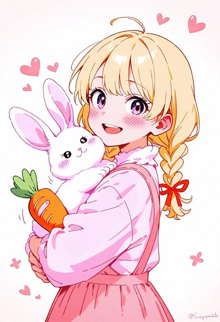 (masterpiece, best quality, good quality), side view, illustration, lovely girl, 1girl, bunny, very awa, very aesthetic, cute bunny, farmer's, blonde, braids, bangs, girl holding bunny, bunny holding big carrot, head tilted, blush, white fur, smiling girl, upper teeth, pastel colors, heart, deadly cutiness, red ribbon, ribbon, sunpuddle