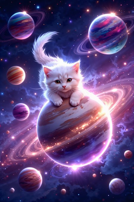 A portrait,video game cartoon close-up image of In the vast expanse of A fluffy white kitten with bright, twinkling eyes drifts through a colorful galaxy, its paws outstretched toward a massive, squishy planet that looks just like a rubber ball. The planet jiggles and bounces slightly as the kittenâs paw makes contact, sending ripples of energy through the surrounding stardust. Nearby, another planet, soft and woolen like a giant ball of yarn, floats serenely, its gentle threads trailing behind it as if inviting the kitten to play. The sky is filled with swirling colorsâdeep purples, vivid pinks, and sparkling bluesâwhile stars cluster together like glittering diamonds, casting a soft glow on the kittenâs snow-white fur. A ring of tiny, bouncy planets orbits lazily around the kitten, resembling colorful beads on an interstellar bracelet. Far in the distance, a glowing moon shaped like a catâs pawprint casts its warm light over the scene, adding a touch of whimsy to the galactic playground. The kittenâs eyes gleam with innocent curiosity, its playful nature perfectly at home in this cosmic dreamscape.(high-resolution, dynamic, energetic, dramatic lighting, shallow depth of field.)<lora:Videogame_Cartoon_Flux><lora:FluxMythP0rtr4itStyle:0.5><lora:Dever_Flux_Enhancer:0.5><lora:Aura_Flux-000010:0.6>