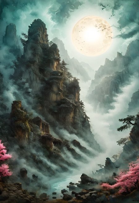 (Ink illustration on parchment, watercolor, novuschroma60 style bokeh, ink splashes, Ukiyo-E). ((watercolor)), ((Chinese landscape)), Pagodas, Red-Trees, landscape focus, small figure off-side, Japanese landscape, Rivers, Lake, Clouds, with watercolor washes, (((sakura forest landscape))), (((mist, waterfalls))), ((pink trees, sakura trees, vivid pink treetops)), (((full moon, moonbeams))), (((endless sakura forests that stretch outward to the horizon))), dotted with the ruins of an ancient destroyed civilization, crumbling stone, degraded buildings and temple, a long magical aurora borealis stretching across the sky, a broken moon high in the sky partially turned into an asteroid belt, a Saturn-like ringed-planet world, flickers of magical energy illuminating the land, in the far distance a giant wall of smoke is rising from the shattered earth in which a multitude of faces are forming and screaming, Ink splashes, rough ink sketch, Ghibli style, high contrast, stylized, dark skin, close up on face, head and shoulder, leather medieval top with lowered hood, Art Nouveau Style, detailxl, BadDream, dioramas,