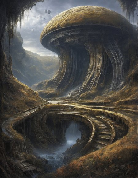 Impressionism art of H.R. Giger: (biomechanical horror), (alien landscapes), (Landscape color guide), (surreal organic forms),
time-lost colosseum where holographic battles loop eternally,
Indonesian rice terraces at dawn,
Hurricane with rain Weather,
Cavum holes in supercooled layers,
Sunrise painting peaks in gold,
Summer wheat fields swaying,
<lora:add-detail-xl:0.7>,
<lora:DetailMaximizer:0.3>,
<lora:brho:0.2> brho,
<lora:Deep_depth_of_field:0.3>,
<lora:extremely_detailed:1> extremely detailed,
 <lora:MJ52_v2.0:0.3>, painterly, small brushstrokes, visible brushstrokes, impressionistic style