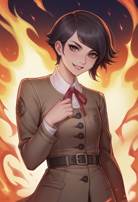 score_9, score_8_up, score_7_up, source_anime BREAK 1girl, solo,  <lora:kittew-artist-richy-v1_pdxl:1>  <lora:zs_YokoXL:1> yokosmtvv, short hair, black hair, swept bangs, brown uniform, neck ribbon, skirt, black pantyhose, assertive female, confident, surrounded by fire, environment on fire, looking at viewer, smile, dark, night