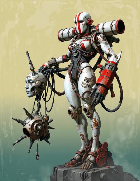 By Passcal Blanché. A digital artwork depicting a futuristic humanoid robot in a dynamic pose, captured from a low angle. The robot has a sleek, mechanized design with a mix of metallic and organic textures. Its body is primarily white with red and black accents, with intricate mechanical details and tubing. The robot's head is elongated, with a prominent red and white striped extension covering the top of its head. It has two large, cylindrical, red-tipped sensors or weapons protruding from its shoulders, giving it a menacing appearance. 
The robot's limbs are articulated, allowing for a wide range of motion. It holds what appears to be a robot head in its right arm with pipes and cables coming out of it, suggesting that there was a fight that led to its destruction. The robot's legs are also mechanized, with thick, articulated metal structures and red accents. The background is a muted yellow and green gradient, adding a sense of depth and contrast to the image. The overall style is very detailed and realistic, with an emphasis on the complex mechanical design and imposing presence of the robot. The texture of the image is smooth, with a subtle grain that reinforces the futuristic feel. <lora:Pascal_Blanché:0.85>