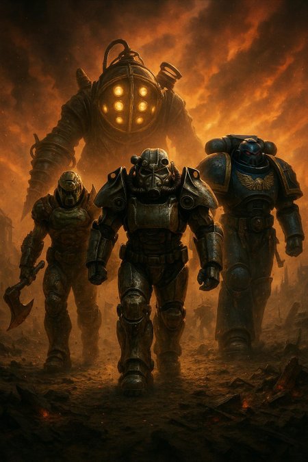 An epic, high-detail movie poster showing iconic video game warriors walking toward the viewer in dramatic unison, ready for battle. Front and center is the T-60 Power Armor from Fallout 4, battle-worn and gleaming under apocalyptic sunlight. To his right, a towering Space Marine from Space Marine 2, armor etched with purity seals and scorched by war. On the left, the brutal DOOM Slayer from DOOM: The Dark Ages, gripping a jagged axe and radiating unrelenting fury. Behind them looms the hulking Big Daddy from BioShock, glowing portholes casting eerie light across his drill arm. Dust and sparks swirl at their feet as they march forward through a war-torn battlefield strewn with wreckage and smoldering ruins. The sky behind them is ablaze with orange and crimson, evoking an incoming cataclysm. Rendered in ultra-cinematic detail with gritty lighting, smoky atmosphere, widescreen composition (2.35:1), and dramatic lens flares—like a poster for the ultimate crossover war movie.