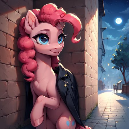 masterpiece, score_9, score_8_up, score_7_up, (best quality:1.1), ultra-detailed, high resolution, 1 girl, solo, pony, highly detailed macro illustration, Pinkie Pie maniacally smiling, hooves on face, Pinkie Pie, feral, female, mare, long eyelashes, (((beautiful detailed eyes))), evil eyes, Long eyelashes, fluffy, ear fluff, long eyelashes, black jacket, hood on, (cornering), taking cover, spying, wall, Highly Visible, (((8k))), sharp focus, perfect lighting, anatomically correct, extremely detailed, shine on body, night, (night pony town), high detail, evil face, Expressiveh, detailed background, OverallDetail, zPDXL2, <lora:Corneringv1:0.8>
