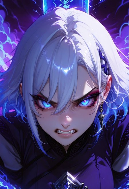 Close - up, frontal view. In a hyper - realistic fantasy scene, a man in a billowing blue silk robe is mid - swing, slashing an ice - blue greatsword forward. Ice - blue flames rage along the blade. The close - up focuses on his face. His long white hair whips back, and his ice - blue eyes are wide with intense determination, filled with a fierce, otherworldly light. His features are sharp, with a clenched jaw showing the effort of his powerful swing. Purple, swirling clouds filled with magical energy surround him, adding to the dramatic and mysterious atmosphere. The image has 32K UHD resolution for extreme detail, like the individual strands of his hair and the glint in his eyes. It has cinematic color - grading to enhance the vivid blues, purples, and the paleness of his skin. An award - film - like grainy texture gives it an authentic feel. The depth of field keeps his face in sharp focus, while the background of the swirling clouds and the blurred sword blade add a sense of depth and motion, creating a highly impactful visual that draws the viewer into this intense fantasy moment. 
, xxx667_illu, melanch0ly, <lora:illustriousXL_stabilizer_v1.23:0.3> <lora:NOOB_vp1_detailer_by_volnovik_v1:0.3> <lora:ponyv6_noobE11_2_adamW-000017:0.3> <lora:XXX667:0.7> <lora:MelancholyAnime:0.8>