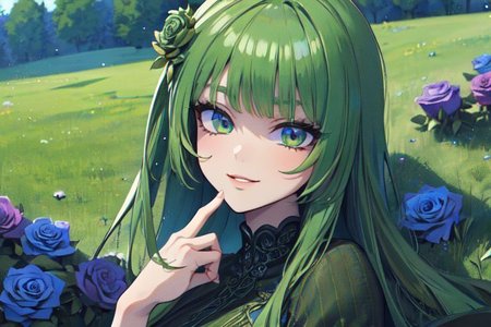 (masterpiece:1.4), 4K8K, (anime style), (high shutterspeed:1.4), (sharp edges), 
SyFyEye1, FanFo, 
1woman  hands togather,  leaning foward, face focus, smile, closed mouth, 
wearing Celtic style dress, (Detailed face, Detailed eyes, Detailed lips), (solo), 
any colored roses, Fantastic, grass firld,