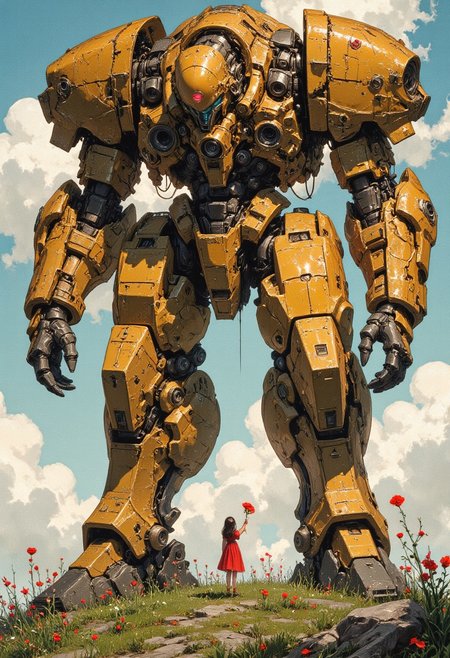 A highly detailed art of a massive yellow mech, towering over a young girl in a red dress. The mech appears weathered, with visible mechanical components, gears, and worn paint. The girl stands on a grassy hill, holding out two red flowers towards the mech with a gentle and hopeful expression. The scene has a melancholic mood heartwarming tone, with soft clouds