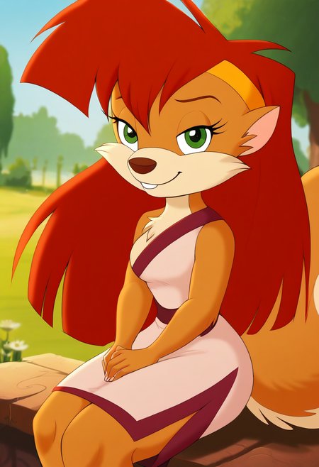 zPDXL, score_9_up, score_8_up,_7_up, score_6_up, score_5_up, score_4_up ,source_furry, best quality, amazing quality, blurry background, masterpiece, 1girl, magic in the air, looking at viewer, solo, cute, cute smile, adorable, outdoors, park, plants, (upper body,close, face focus, sitting:1.2), breast, venus, red hair, squirrel, long hair, green eyes, squirrel tail, orange-white fur, dress, gold hairband, sandals, side slit, <lora:Venus:0.8>, shadman, <lora:Shadman:1.2>, Expressiveh, good_hands, <lora:Expressive_H:0.8>, <lora:Detail_Slider_v1.4_iteration_3:4>, <lora:pony_good_hands:0.8>